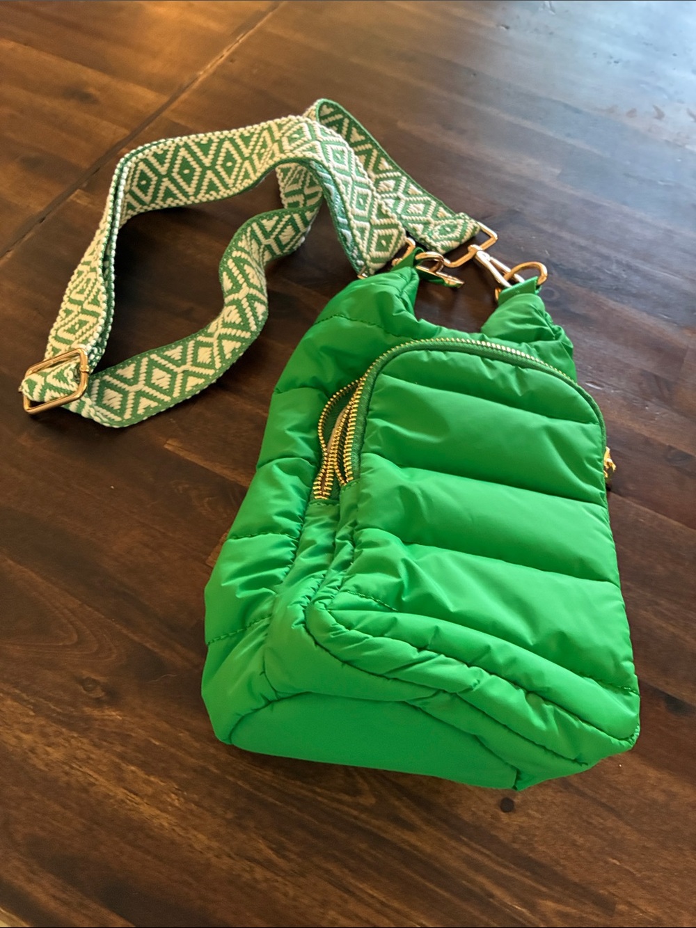 WanderFull Green Quilted Crossbody Sling Bag with Patterned Strap